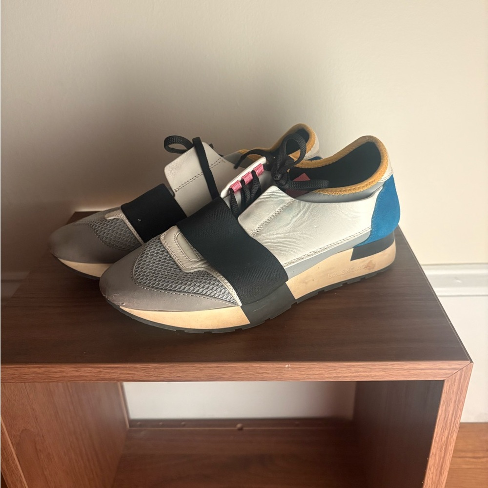 Balenciaga Women's Sneakers in White, Black, and Blue with Tan Accents